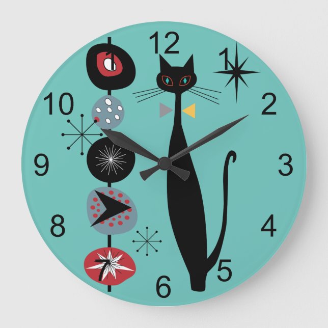 Retro Atomic Era Mid Century Modern MCM Cool Cat 2 Large Clock (Front)