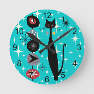 Retro Atomic Era Mid Century Modern MCM Cool Cat 2 Round Clock