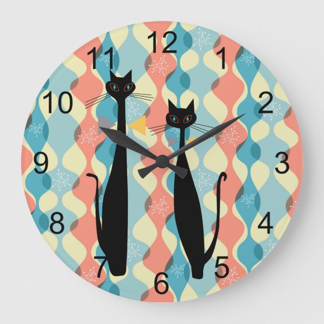Retro Atomic Era Mid Century Modern MCM Cool Cat 5 Large Clock (Front)