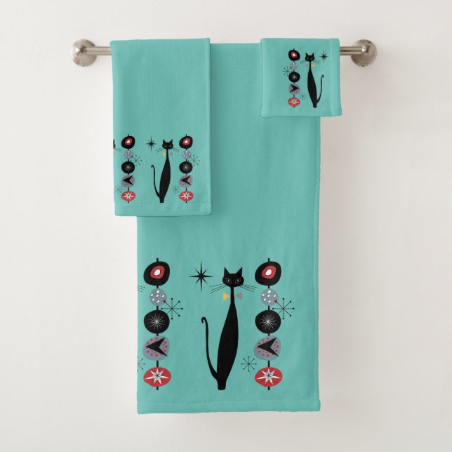 Retro Atomic Era Mid Century Modern MCM Cool Cat   Bath Towel Set (Insitu)