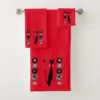 Retro Atomic Era Mid Century Modern MCM Cool Cat Bath Towel Set