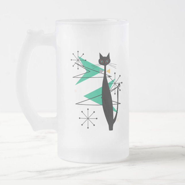 Retro Atomic Era Mid Century Modern MCM Cool Cat Frosted Glass Beer Mug (Left)