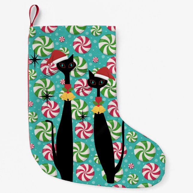 Retro Atomic MCM Cool Cats & Peppermints  Small Christmas Stocking (Front)