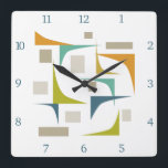 Retro Atomic Mid Century Geometric Corners Numbers Square Wall Clock<br><div class="desc">Add a pop of colour to your wall with this funky mid century modern clock! It features the bright and bold colours of turquoise,  blue,  olive green,  orange,  and tan geometric shapes,  along with matching blue numbers.</div>