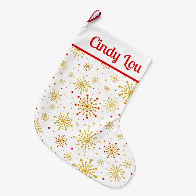 Retro Atomic Mid-Century Mod Red Gold Personalised Large Christmas Stocking (Front (Hanging))