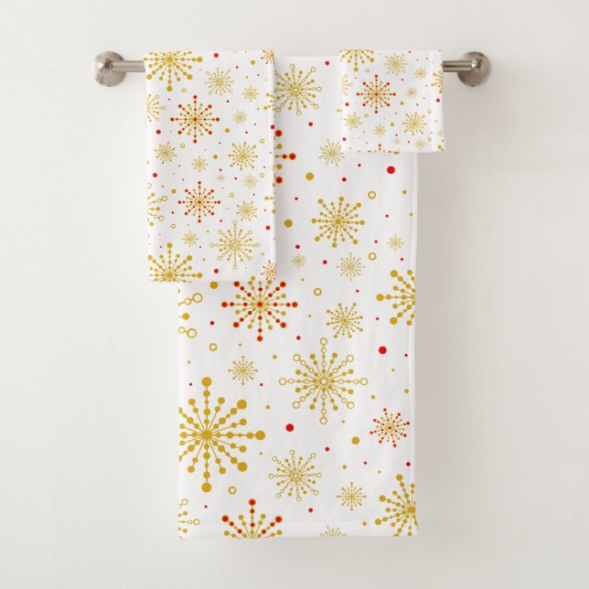 Retro Atomic Mid-Century Mod Red & Gold Starburst Bath Towel Set (Insitu)