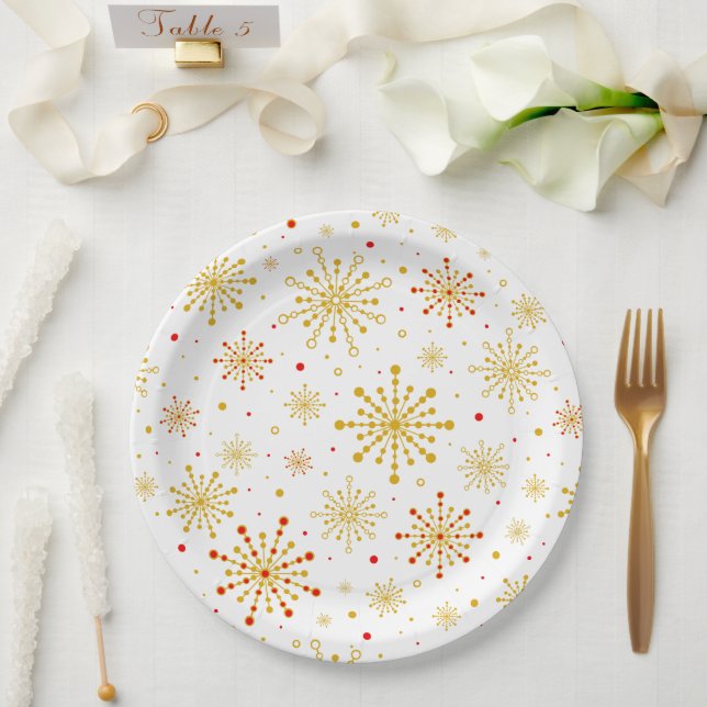 Retro Atomic Mid-Century Mod Red & Gold Starburst Paper Plate (Wedding)