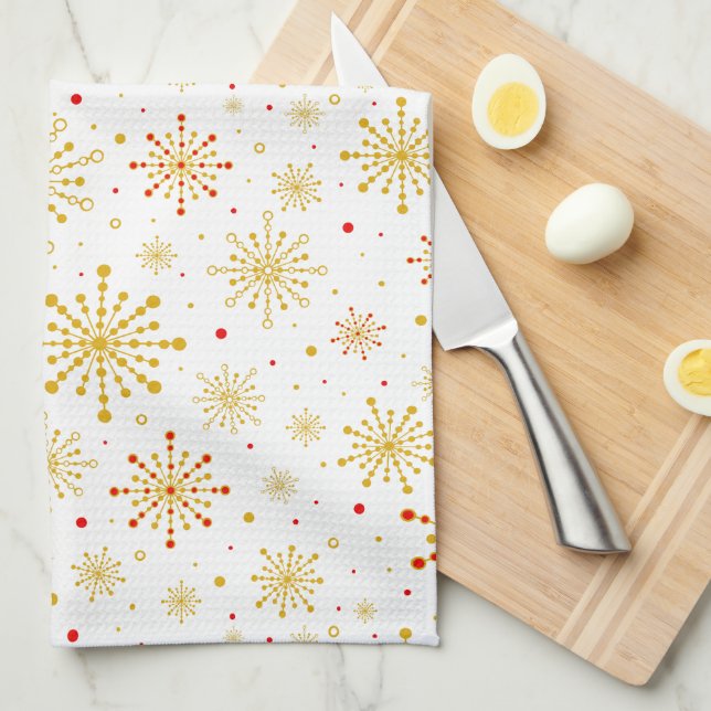 Retro Atomic Mid-Century Mod Red & Gold Starburst Tea Towel (Quarter Fold)