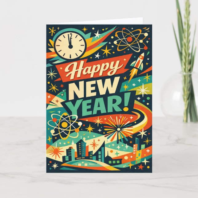 Retro Atomic Space Age New Year Holiday Card (Front)