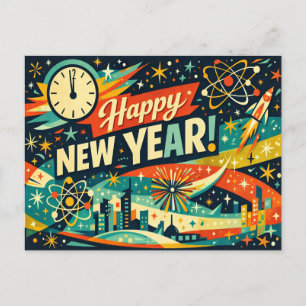 Retro Atomic Space Age New Year Holiday Postcard