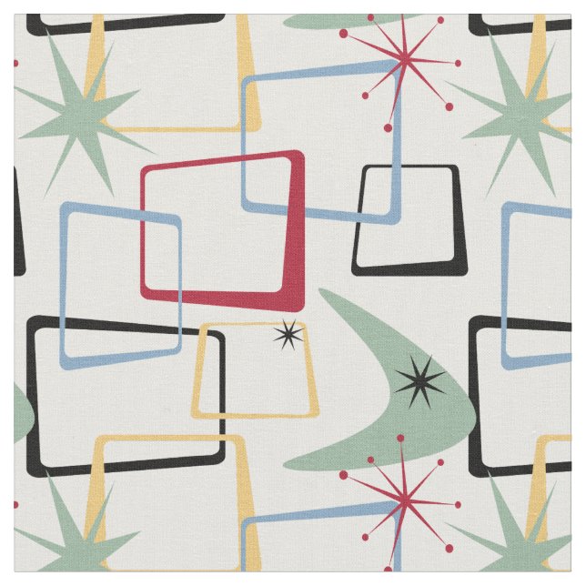 Retro Atomic Squares Stars & Boomerang Mid Century Fabric (Close Up)