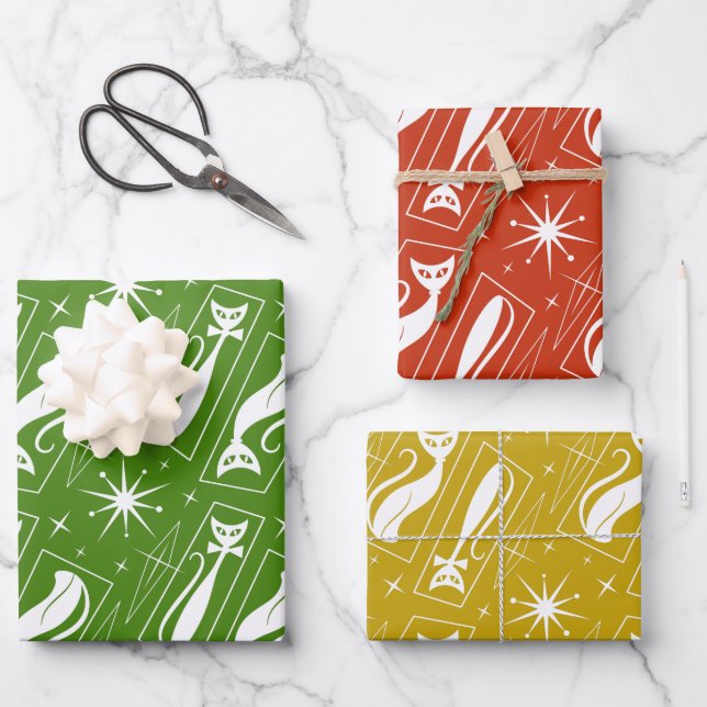 Retro Atomic Star Cat MidCentury 1970s Christmas Wrapping Paper Sheet (Front)