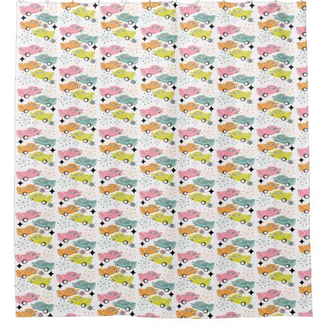 Retro Atomic Starburst Modern Mid Century Cars Shower Curtain (Front)