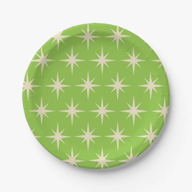 Retro Atomic stars pattern on lime green   Paper Plate (Front)