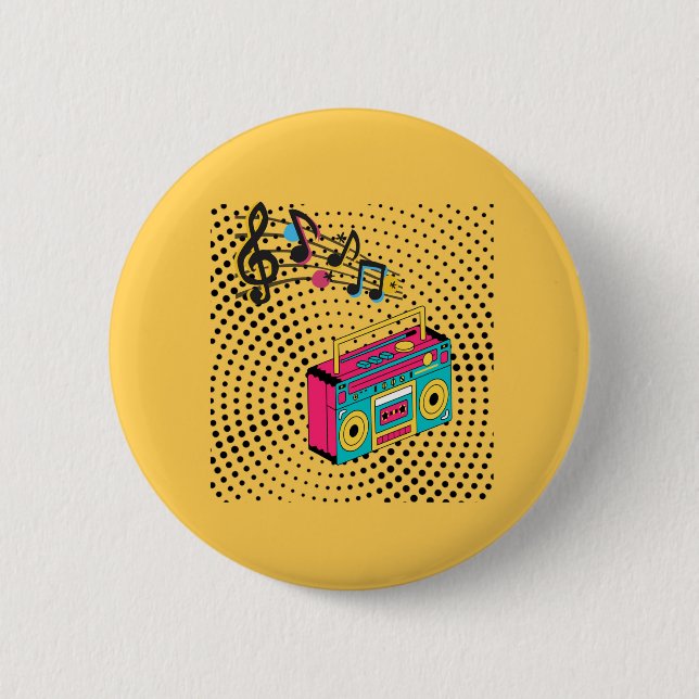 Retro audio boombox. 6 cm round badge (Front)