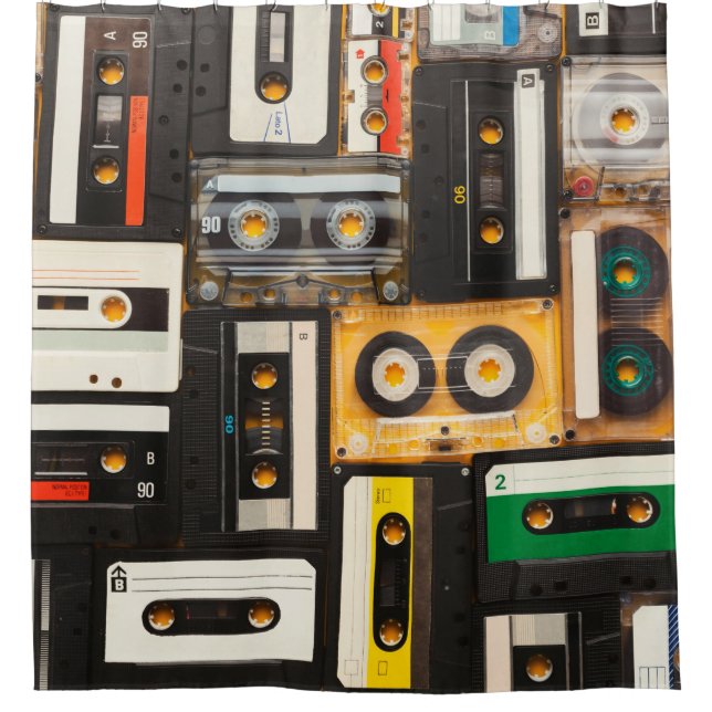 Retro audio cassette tape shower curtain (Front)