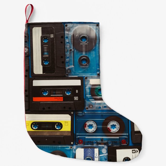 Retro audio cassette tapes small christmas stocking (Front)