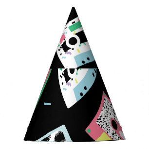 Retro audio tapes, 80s style pattern. party hat