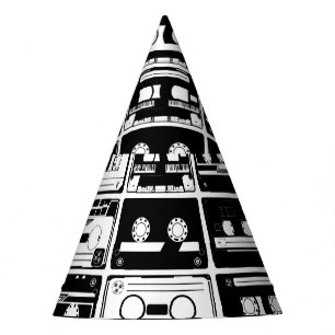 Retro audio tapes, old-fashioned pattern. party hat