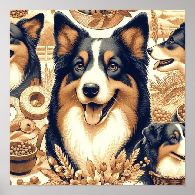 Retro Australian Shepherd Illustration Poster (Front)