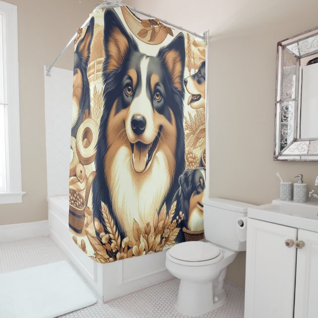 Retro Australian Shepherd Illustration Shower Curtain (In Situ)
