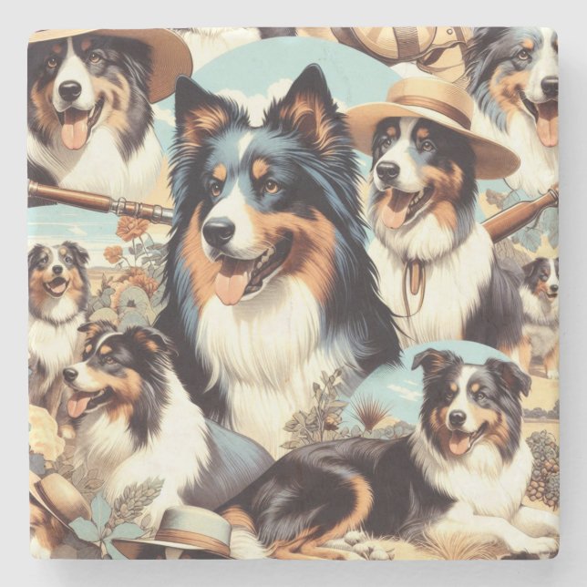 Retro Australian Shepherd Seamless Painting Stone Coaster (Front)