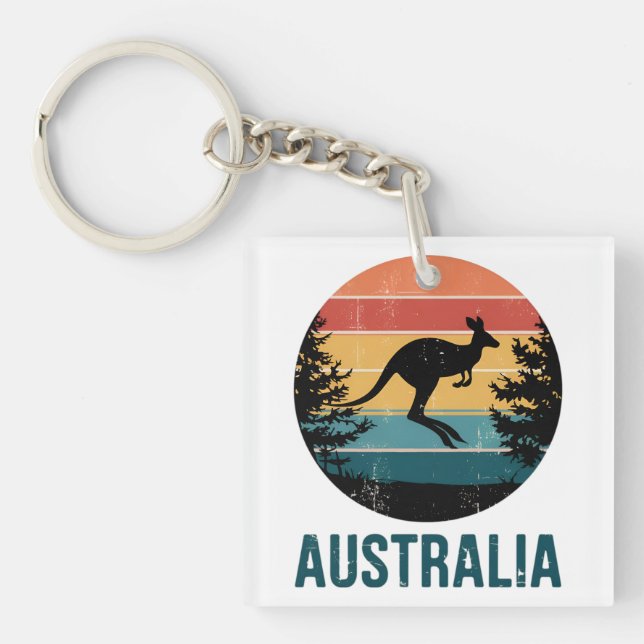 Retro Australian Sunset Animal jumping Kangaroo  Key Ring (Front)