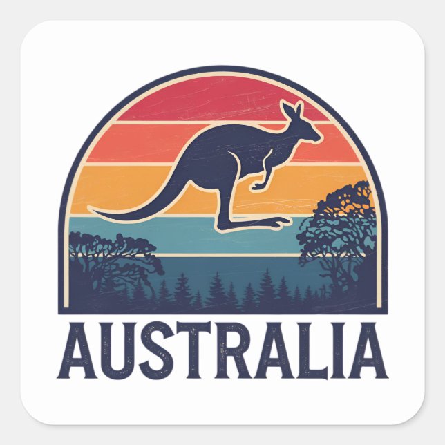 Retro Australian Sunset Animal jumping Kangaroo  Square Sticker (Front)