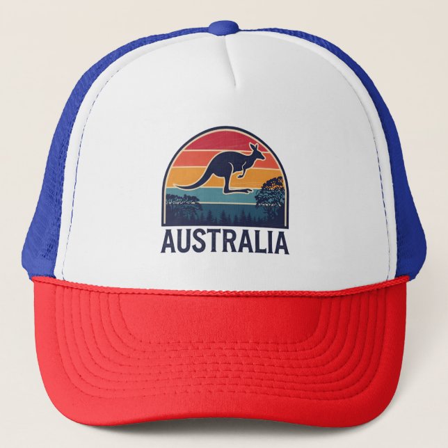 Retro Australian Sunset  Animal jumping Kangaroo Trucker Hat (Front)