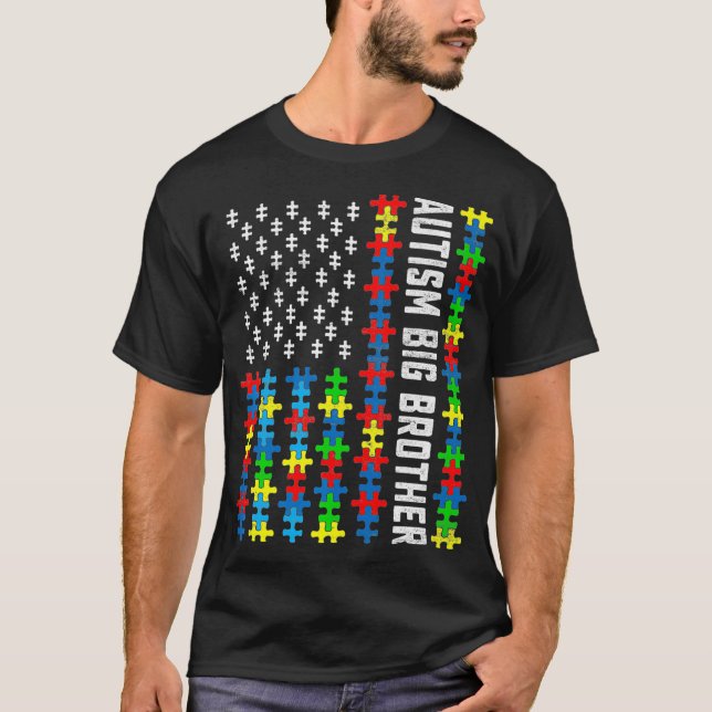 Retro Autism Awareness USA Flag Big Brother Suppor T-Shirt (Front)