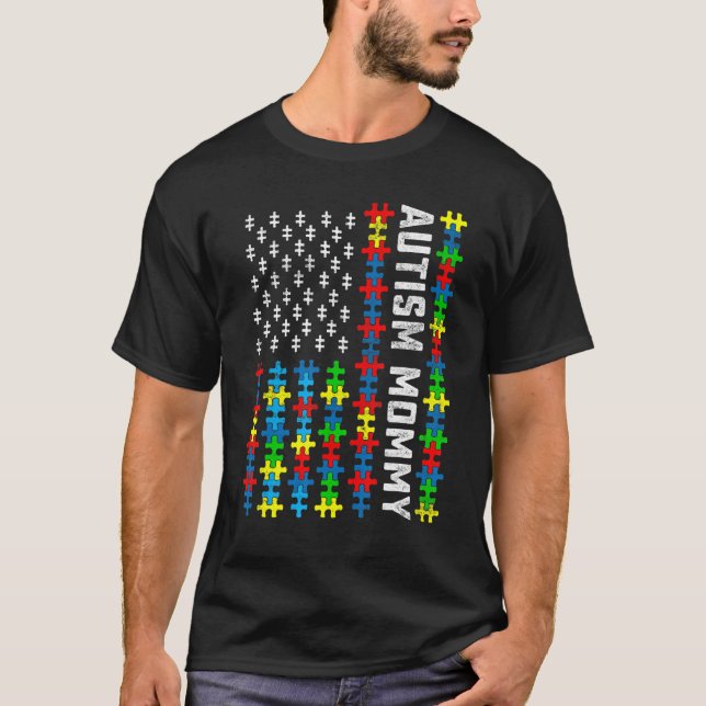 Retro Autism Awareness Usa Flag Mummy Support Auti T-Shirt (Front)
