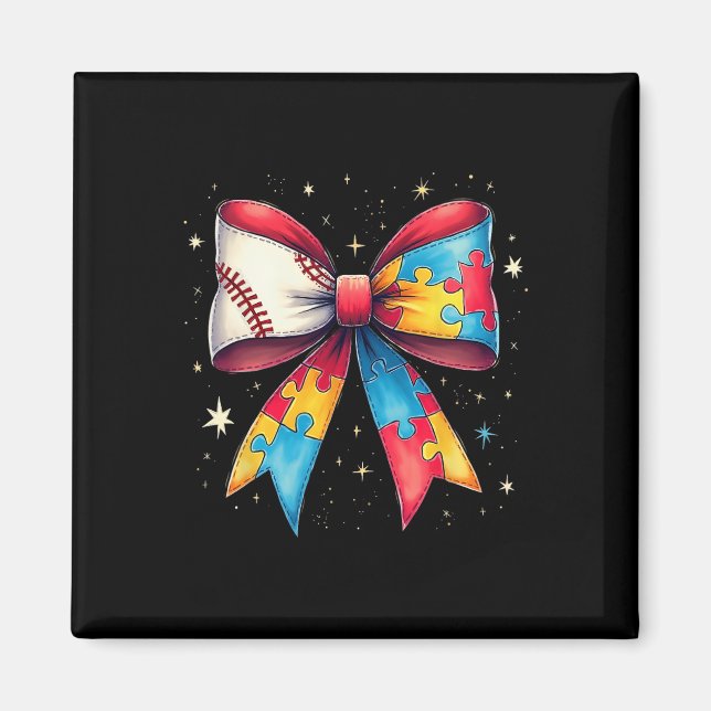 Retro Autism Baseball Bow Puzzle Piece Awareness G Magnet (Front)