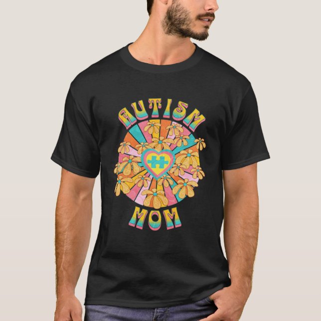 Retro Autism Mom Floral Awareness and Acceptance T-Shirt (Front)