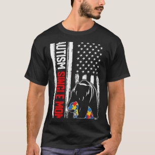 Retro Autism Single Mum Bear American Flag Awarene T-Shirt