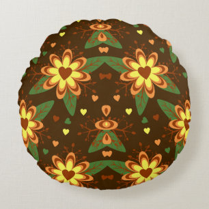 Retro Autumn Daisy Floral Heart Pattern, Vintage Round Cushion