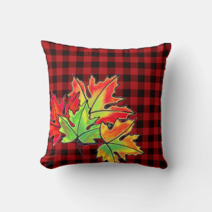Retro Autumn Fall leaves red rustic black plaid    Cushion