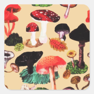 Retro Autumn Woodland Mushroom Watercolor Square Sticker