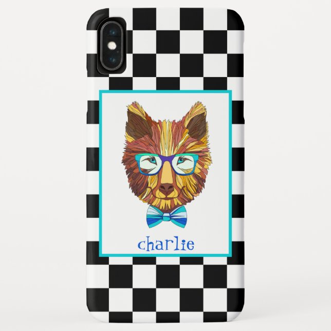 Retro B&W Chequerboard, Hipster Bear, Personalised Case-Mate iPhone Case (Back)
