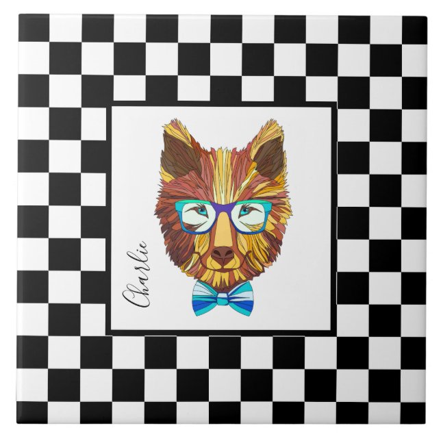 Retro B&W chequerboard, hipster bear, personalised Tile (Front)