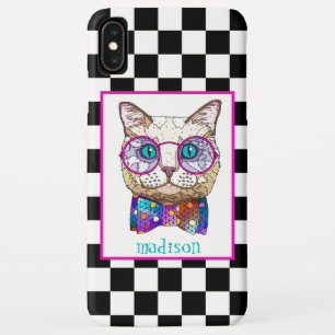 Retro B&W Chequerboard, Hipster Cat, Personalised Case-Mate iPhone Case