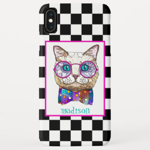 Retro B&W Chequerboard, Hipster Cat, Personalised Case-Mate iPhone Case