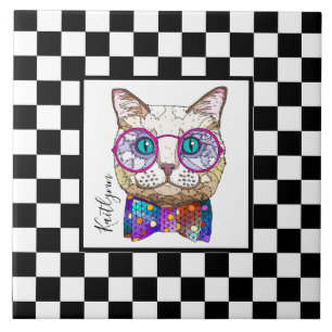 Retro B&W chequerboard, hipster cat, personalised Tile
