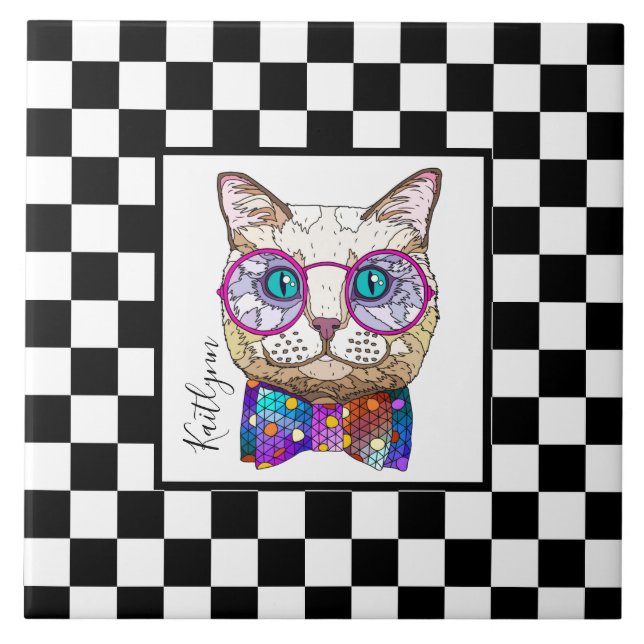 Retro B&W chequerboard, hipster cat, personalised Tile (Front)