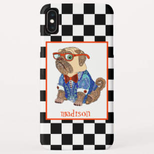 Retro B&W Chequerboard, Hipster Pug, Personalised Case-Mate iPhone Case