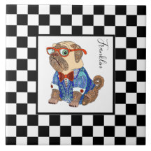 Retro B&W chequerboard, hipster pug, personalised