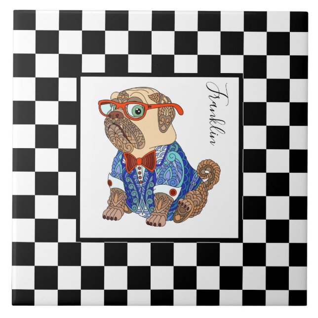 Retro B&W chequerboard, hipster pug, personalised Tile (Front)