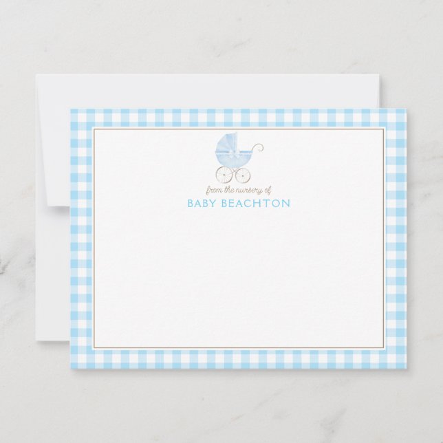 Retro Baby Boy Carriage Blue Gingham Note Cards (Front)