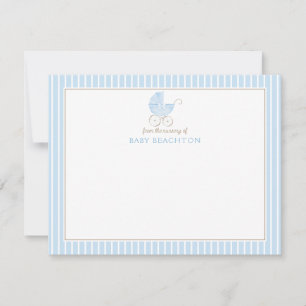 Retro Baby Boy Carriage Blue Stripes Note Cards