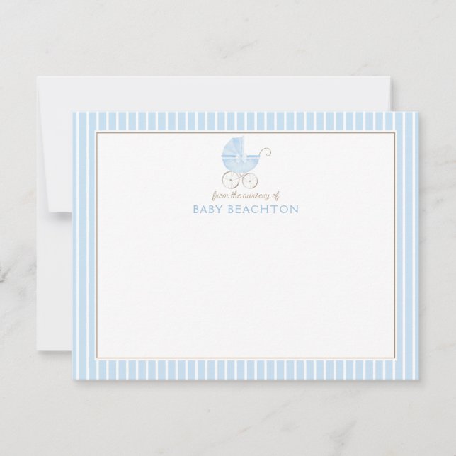 Retro Baby Boy Carriage Blue Stripes Note Cards (Front)