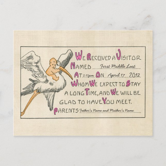 Retro Baby Girl & Stork Parents Birth Announcement Postcard (Front)